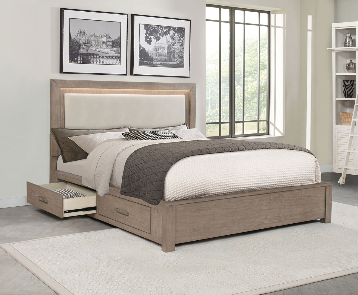Kenora LED Storage Bed with Upholstered Headboard California King Barley Brown and Beige