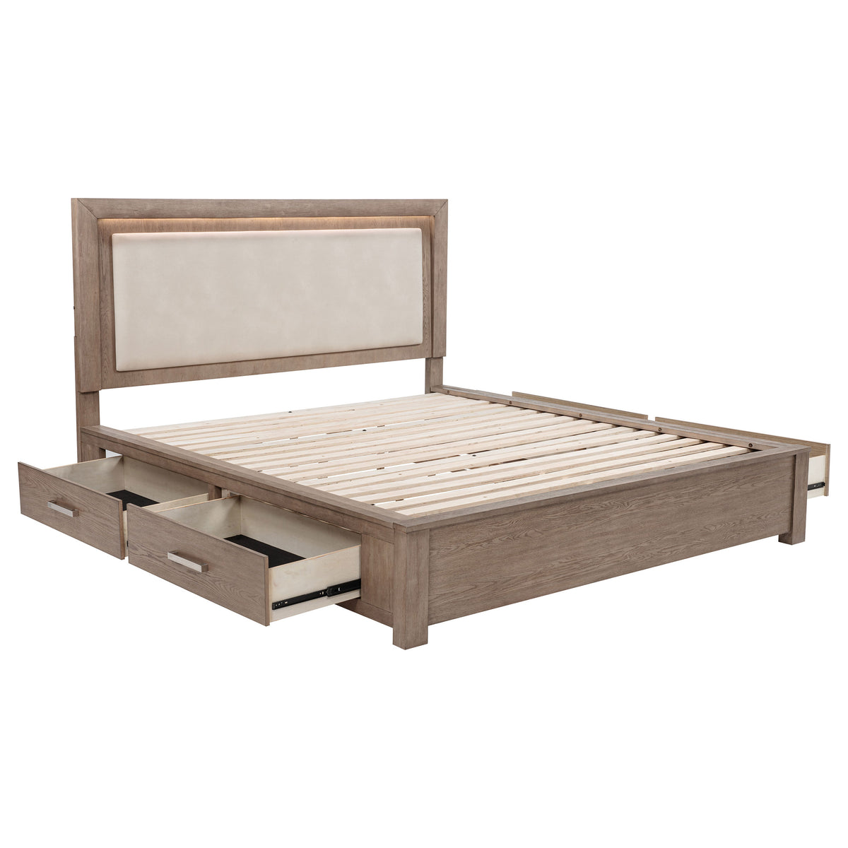 Kenora LED Storage Bed with Upholstered Headboard California King Barley Brown and Beige