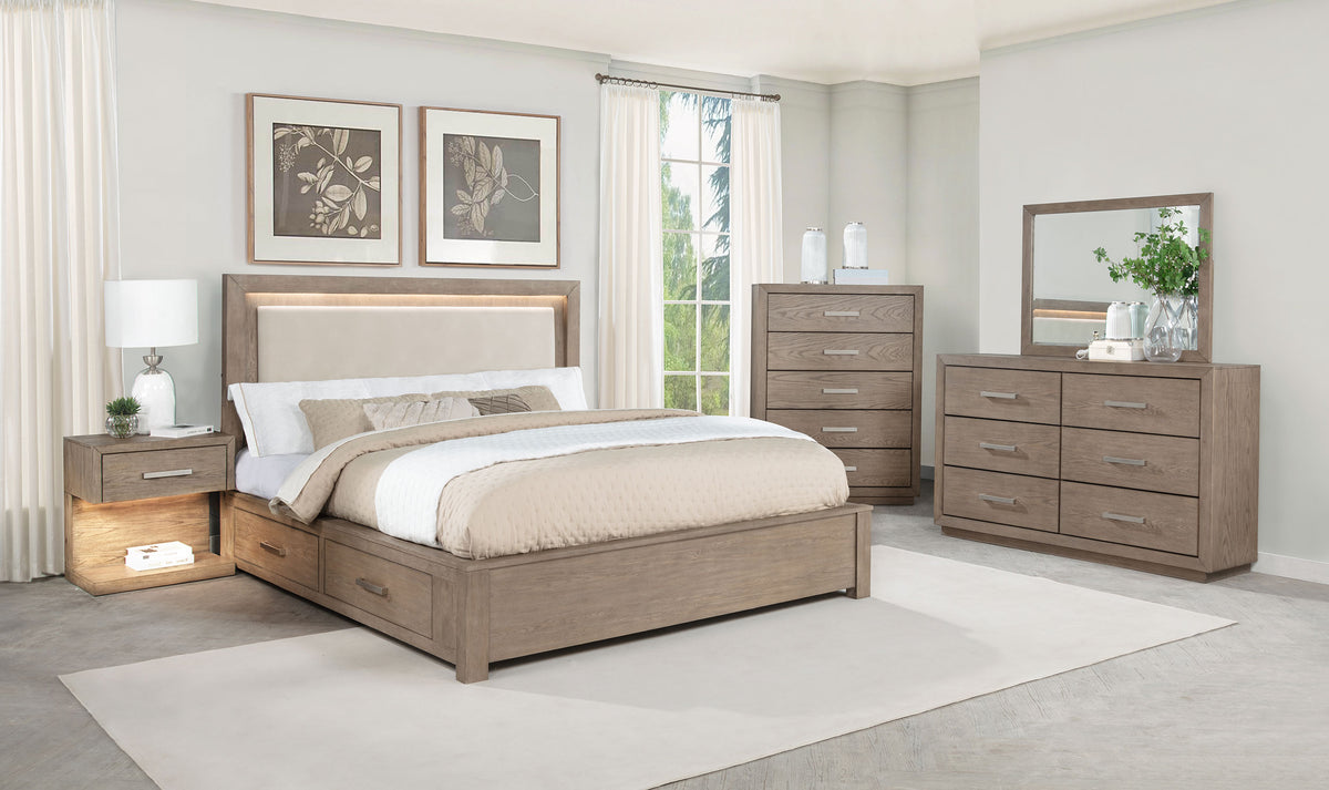 Kenora 5-piece Queen LED Storage Bedroom Set Barley Brown