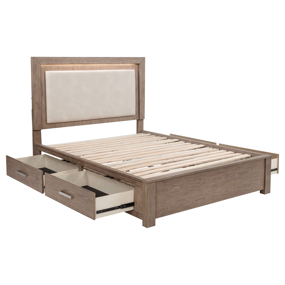 Kenora LED Storage Bed with Upholstered Headboard Queen Barley Brown and Beige