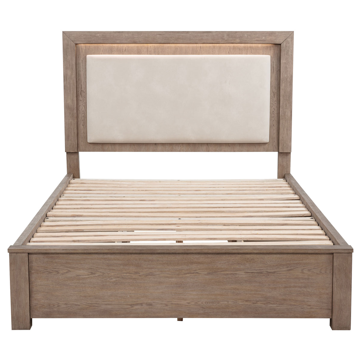 Kenora LED Storage Bed with Upholstered Headboard Queen Barley Brown and Beige