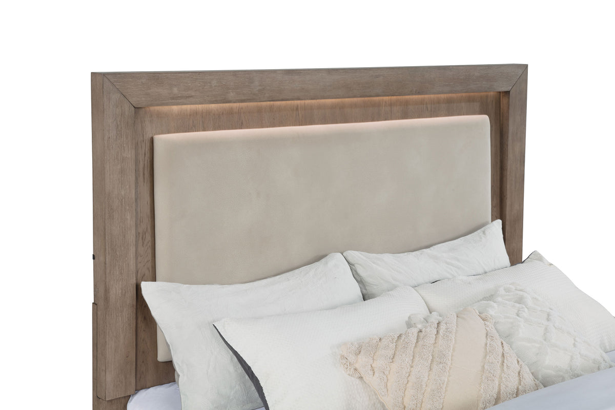 Kenora LED Storage Bed with Upholstered Headboard Queen Barley Brown and Beige