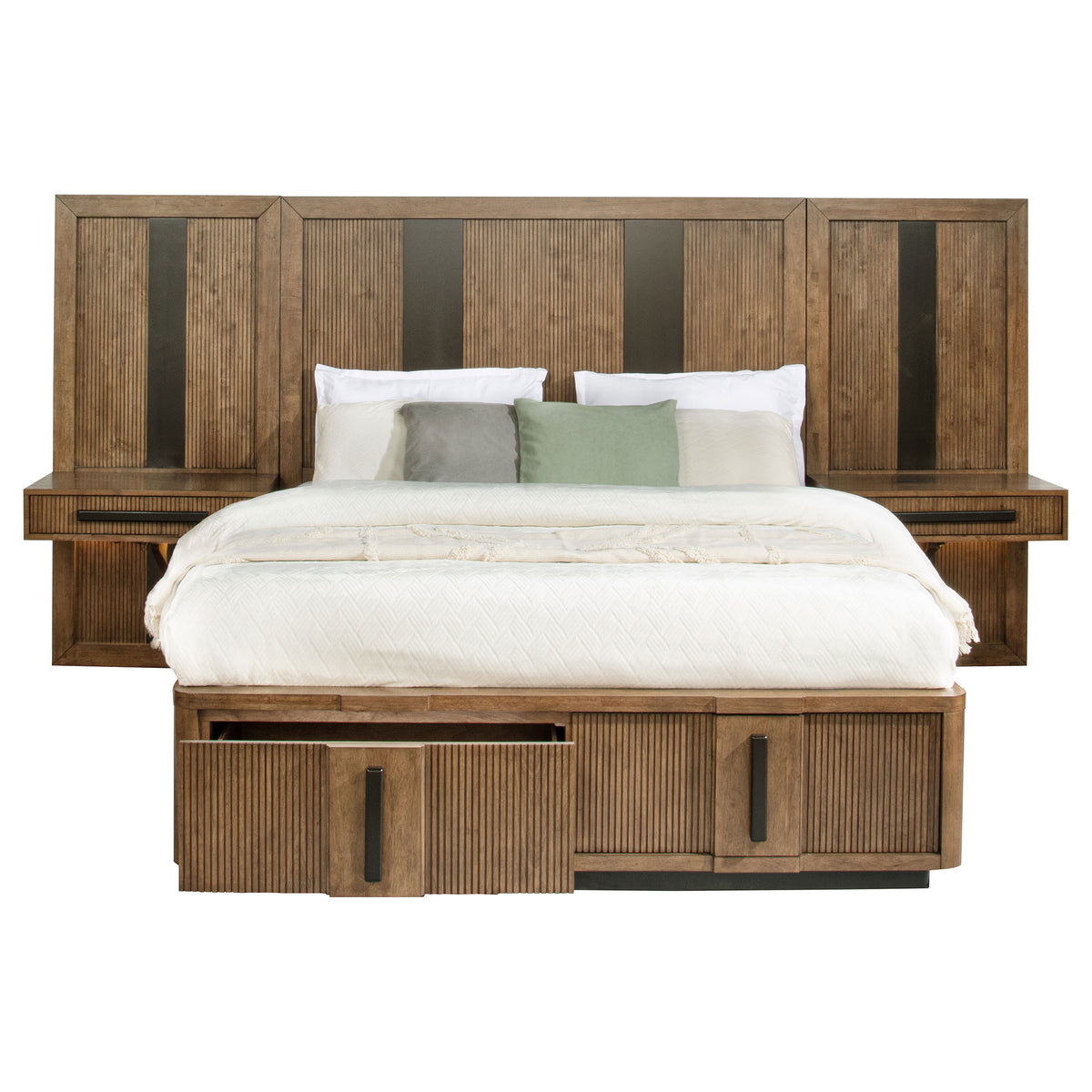 Terrace Wall Panel Storage Bed with Nightstand Panels Queen Ash Brown