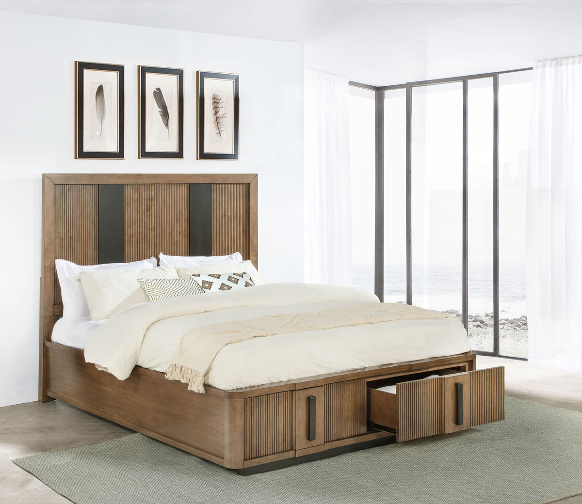 Terrace Fluted Storage Bed with Footboard Drawers Queen Ash Brown
