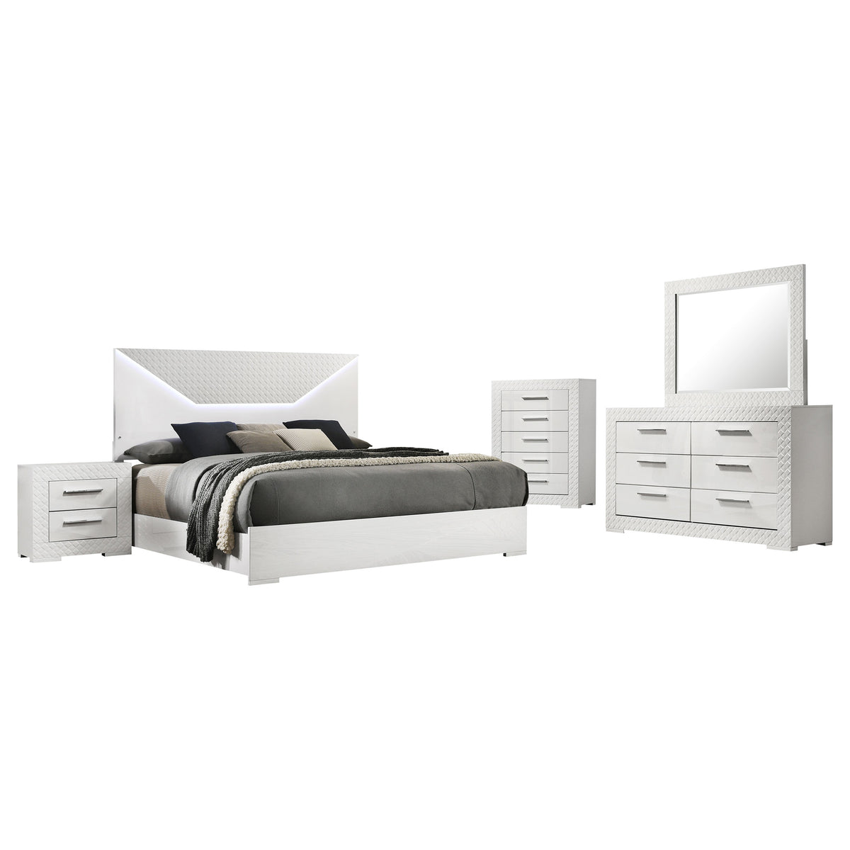 Ives 5-piece Eastern King Bedroom Set with LED Panel Bed White High Gloss