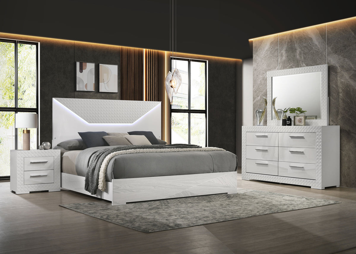 Ives 4-piece Queen Bedroom Set with LED Panel Bed White High Gloss