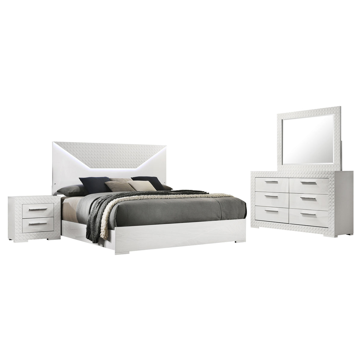 Ives 4-piece Queen Bedroom Set with LED Panel Bed White High Gloss