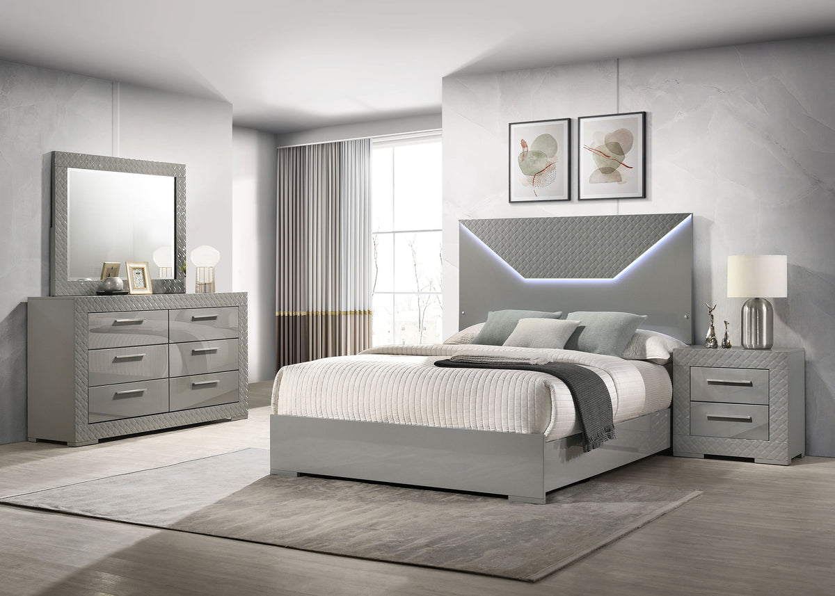 Ives 4-piece Eastern King Bedroom Set with LED Panel Bed Grey High Gloss