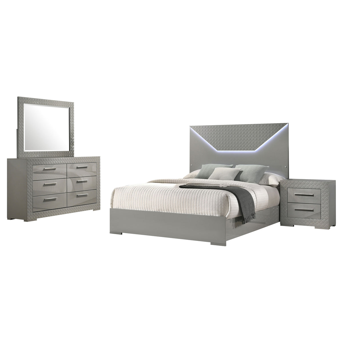 Ives 4-piece Eastern King Bedroom Set with LED Panel Bed Grey High Gloss