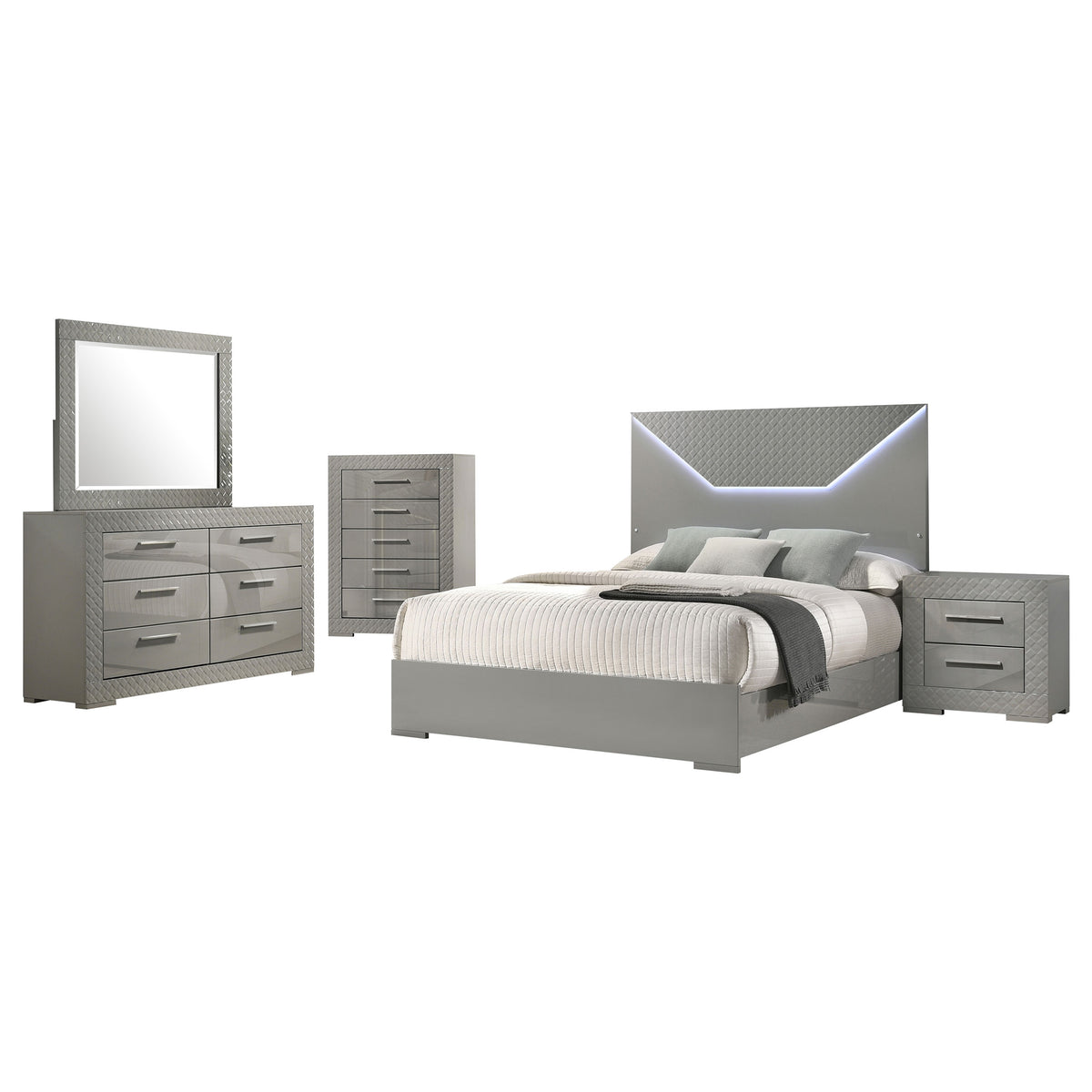 Ives 5-piece Eastern King Bedroom Set with LED Panel Bed Grey High Gloss