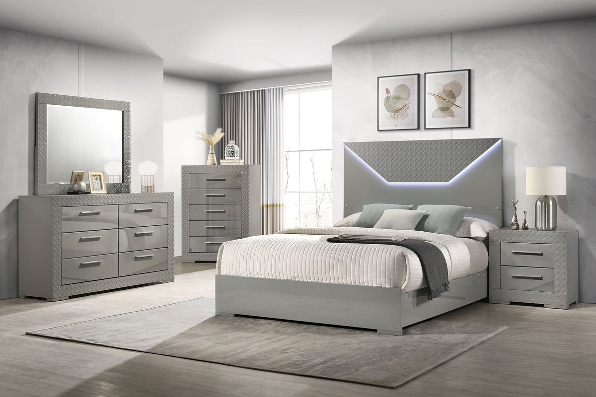 Ives Diamond-Embossed LED Panel Bed Eastern King Grey High Gloss