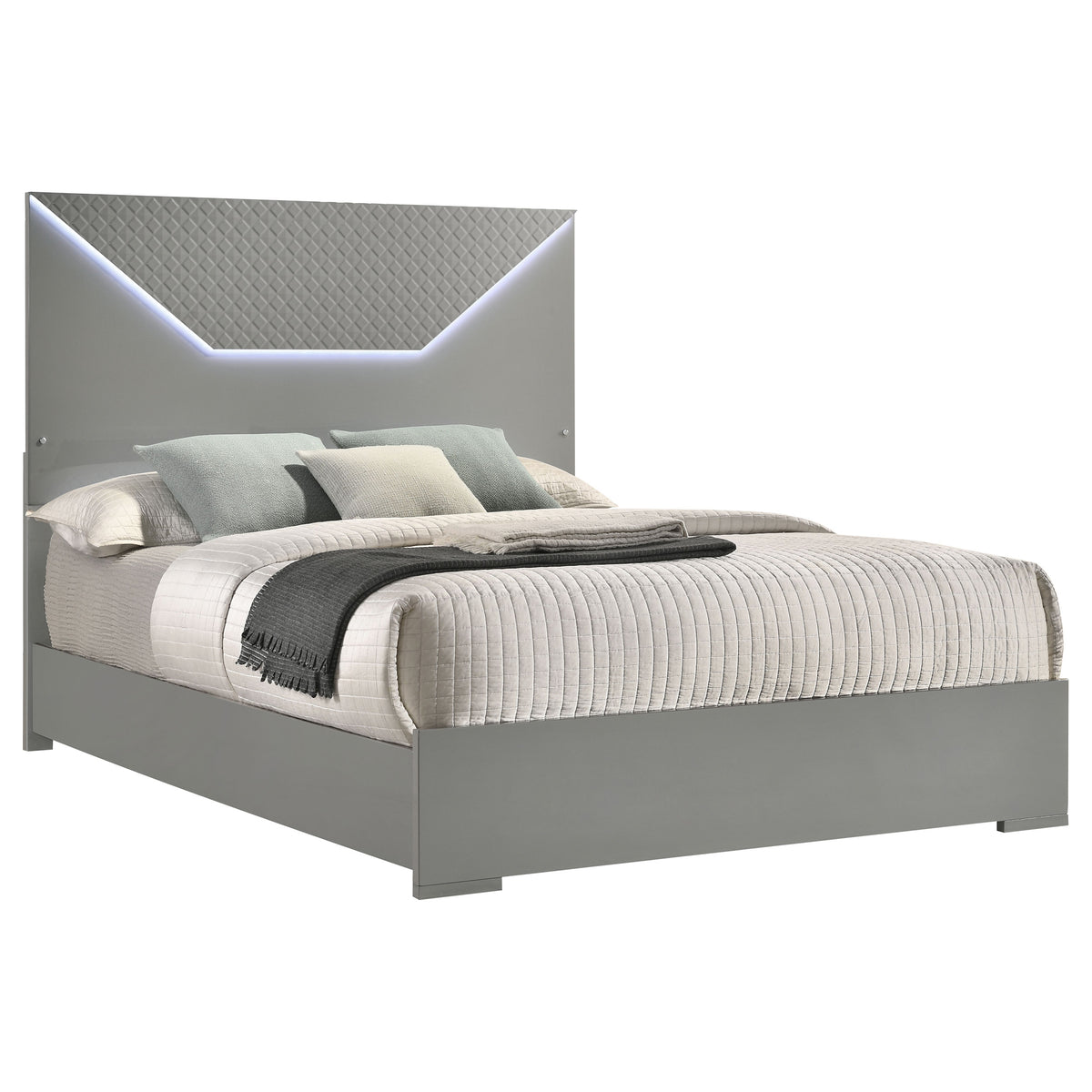 Ives Diamond-Embossed LED Panel Bed Queen Grey High Gloss
