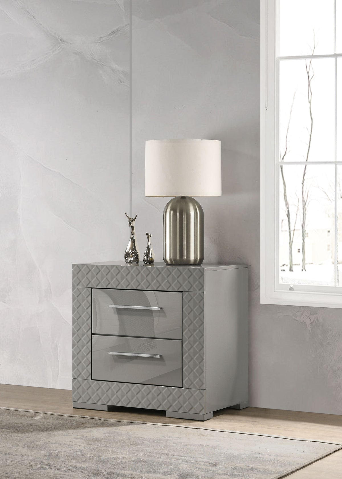 Ives 2-drawer Nightstand Grey High Gloss