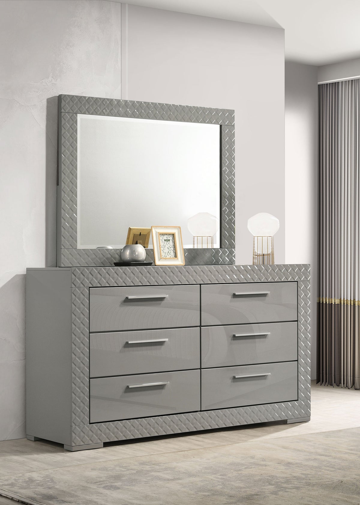 Ives 6-drawer Dresser with Mirror Grey High Gloss