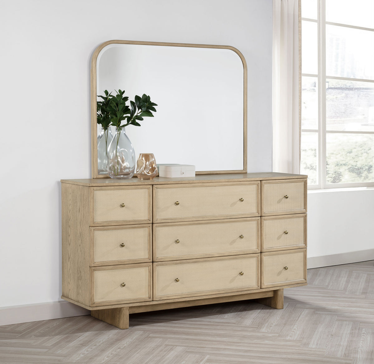 Kailani 9-drawer Dresser with Mirror Beige Oak