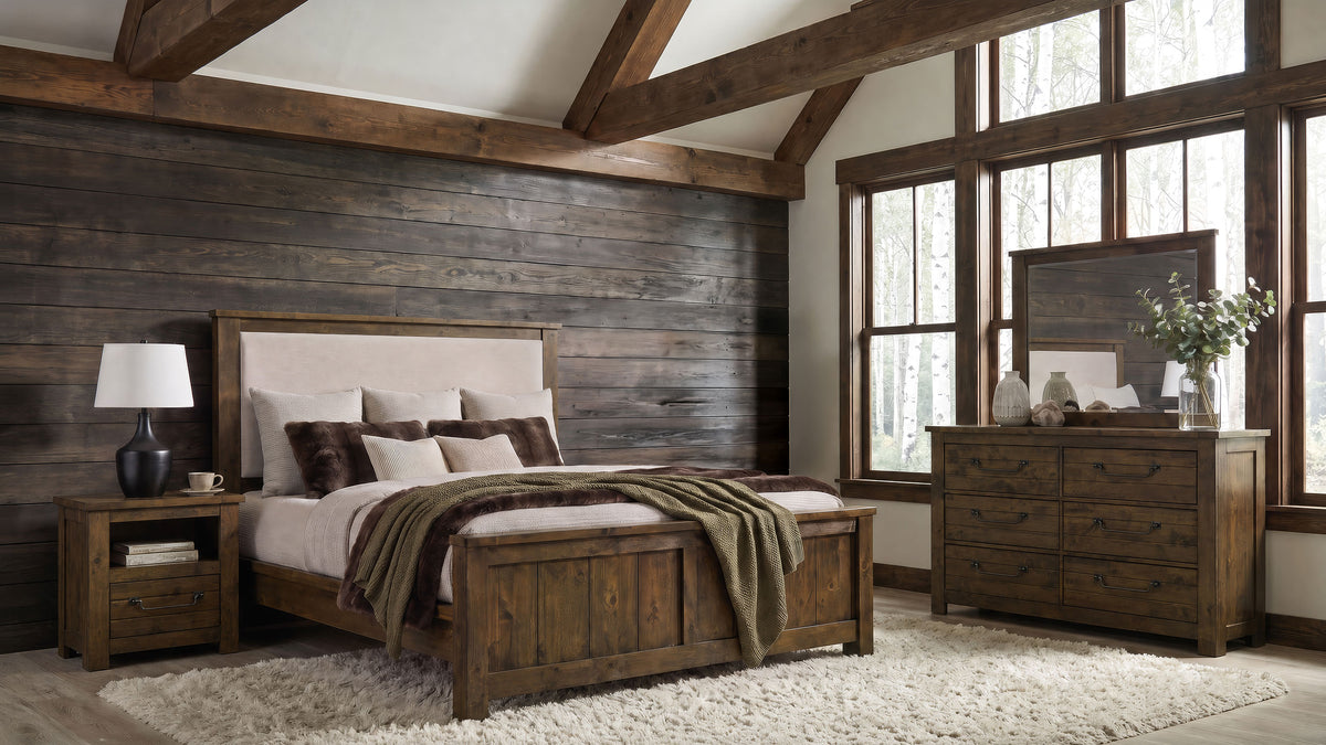 Doherty 4-piece Eastern King Bedroom Set with Upholstered Panel Bed Rustic Golden Brown