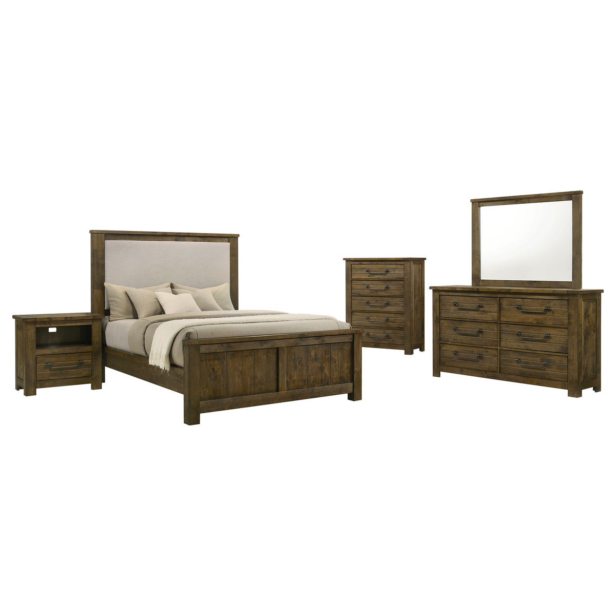 Doherty 5-piece Eastern King Bedroom Set with Upholstered Panel Bed Rustic Golden Brown