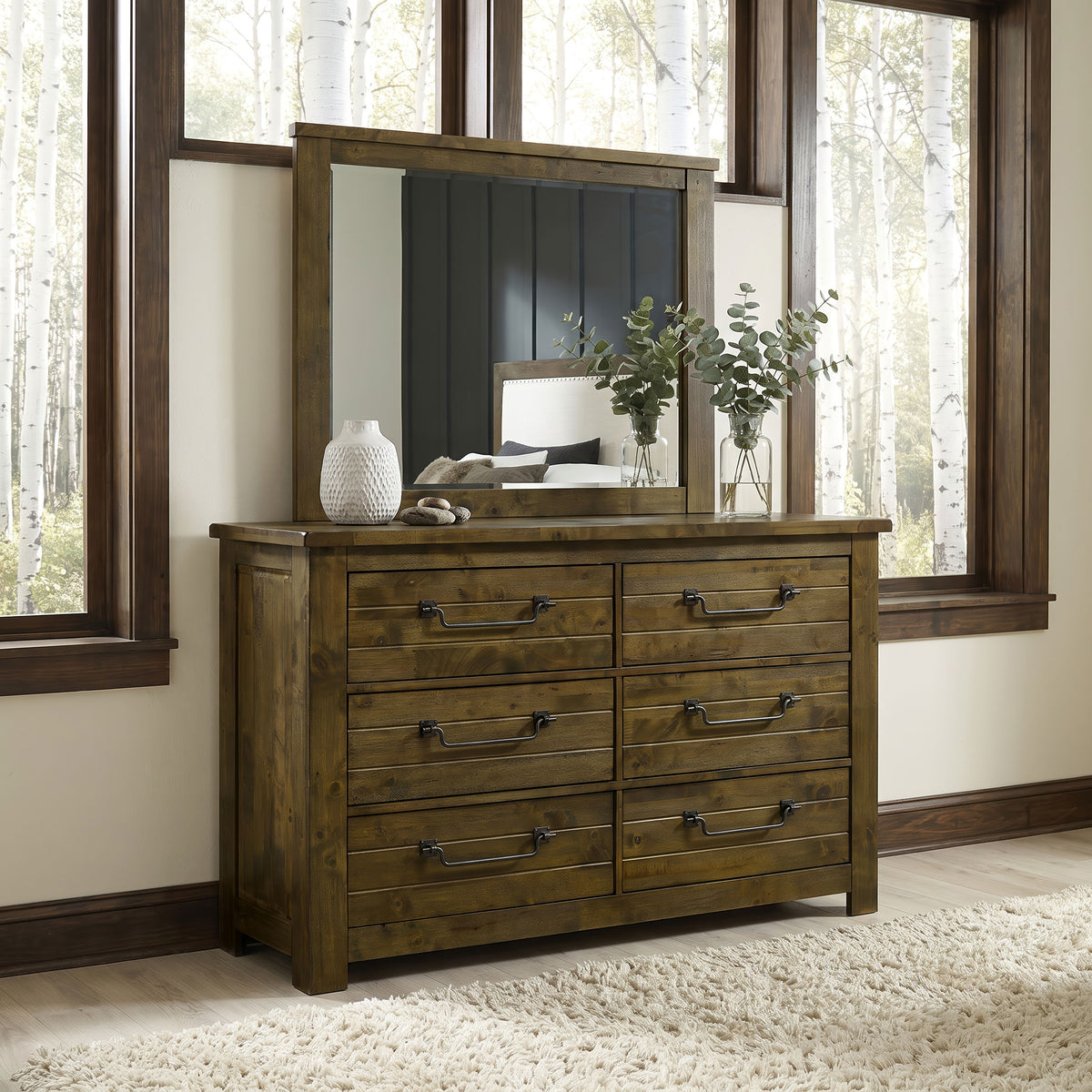Doherty 6-drawer Dresser with Mirror Rustic Golden Brown