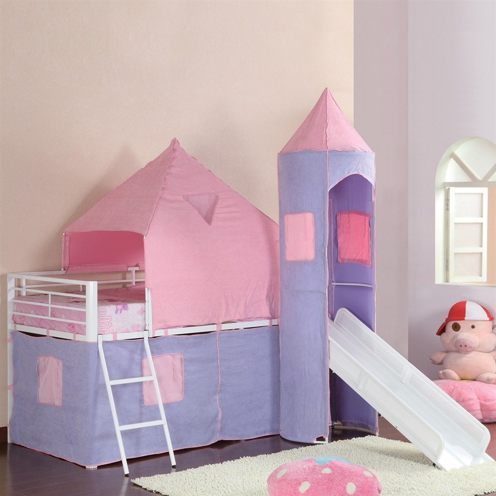 Princess Castle Twin Tent Loft Bed With Slide in Pink and Perwinkle