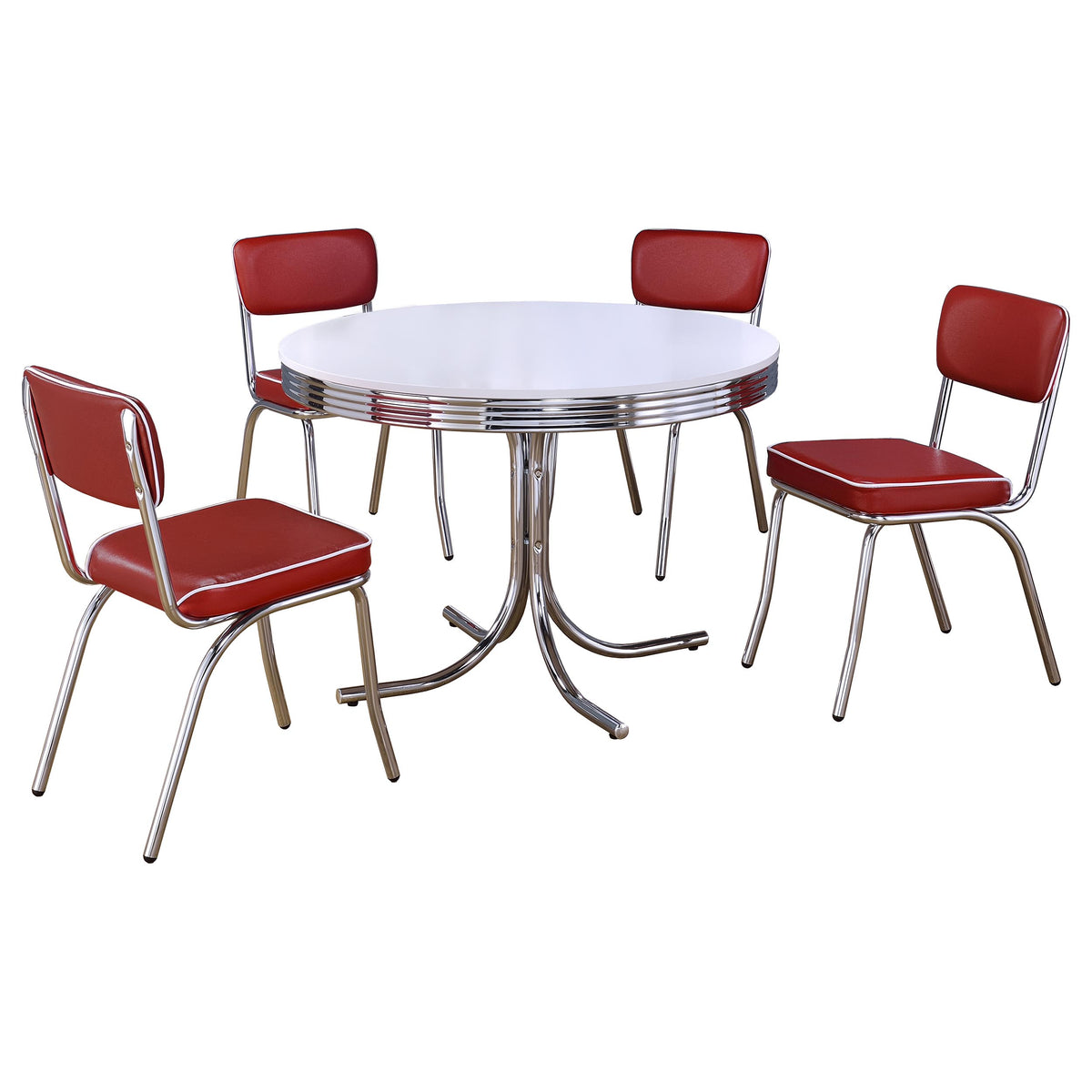 Retro 5-piece Round Dining Set with Red Chairs White and Chrome