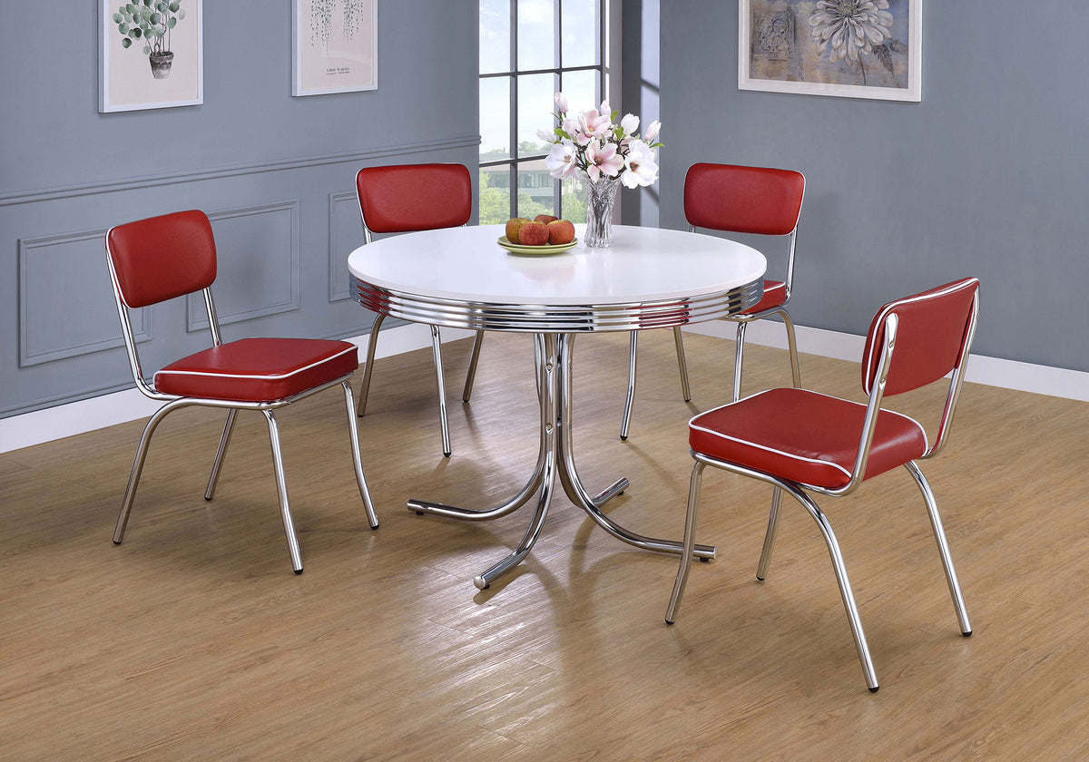Retro 5-piece Round Dining Set with Red Chairs White and Chrome