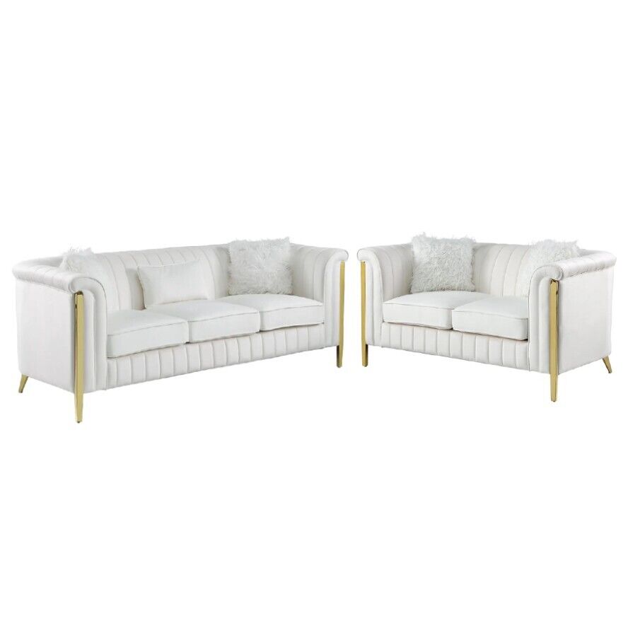 Farris 2pc Modern Sofa And love seat Living room set In Cream Velvet