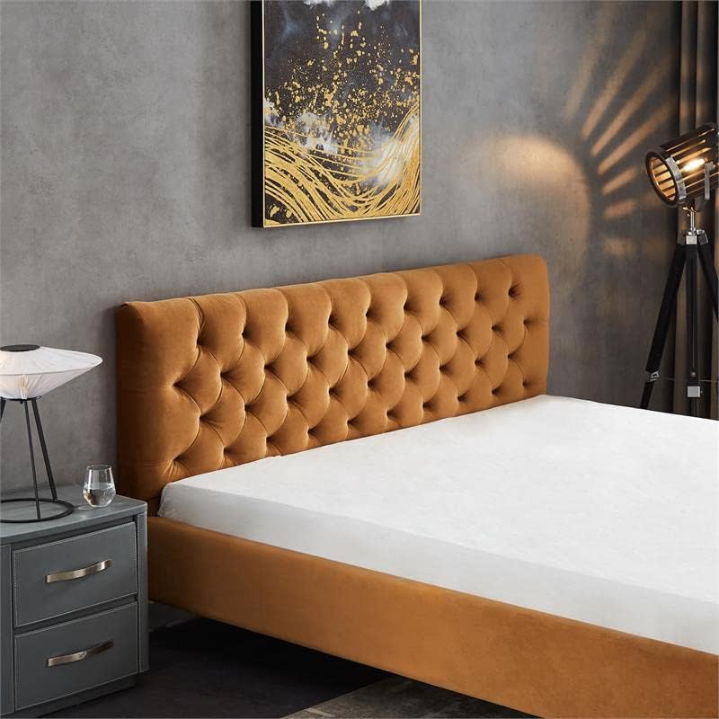 Bella Mid-Century Modern Velvet Upholstered King Platform Bed in Tan