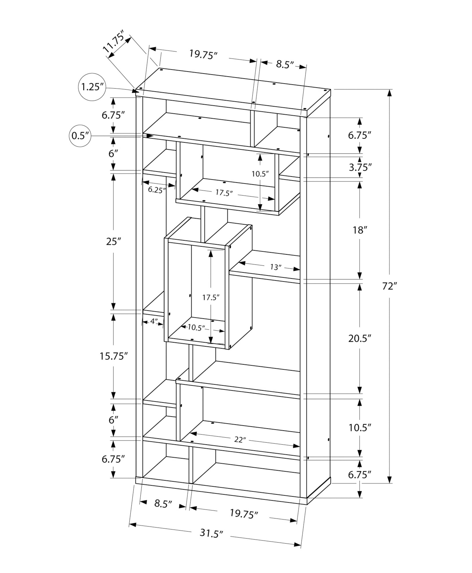 Hollow Core Bookcase Bookshelf With 14 Shelves In White 72" H