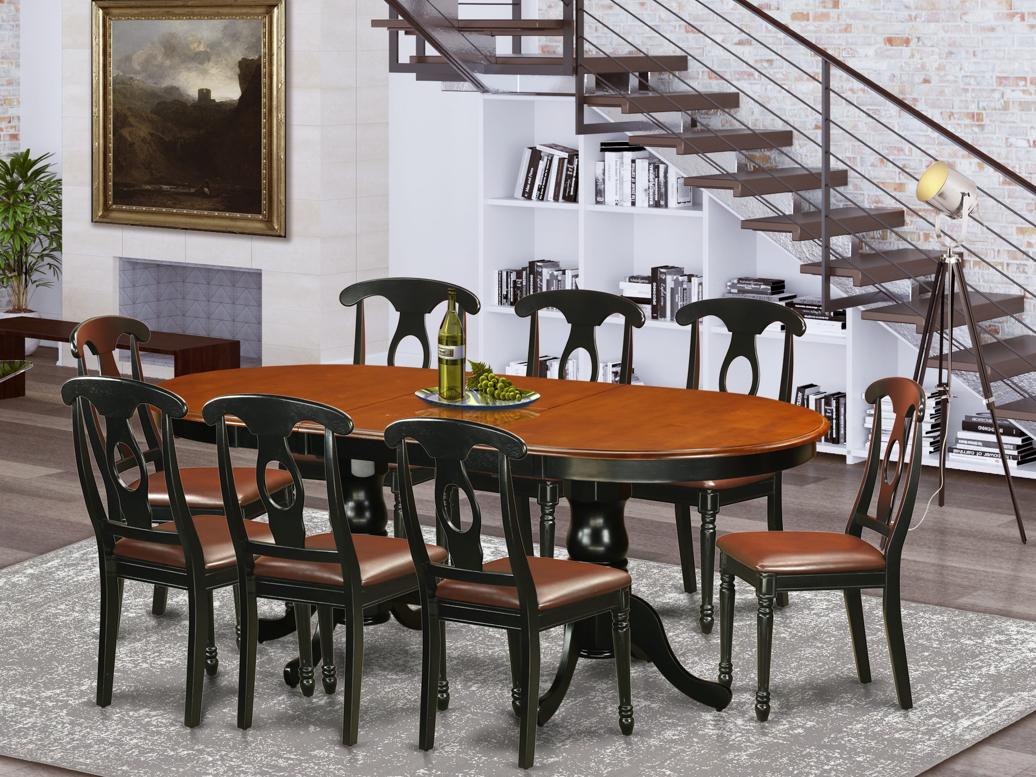 9 Pc Oval Dining room Table with Leaf and Leatherette Seat Chairs in Black / Cherry