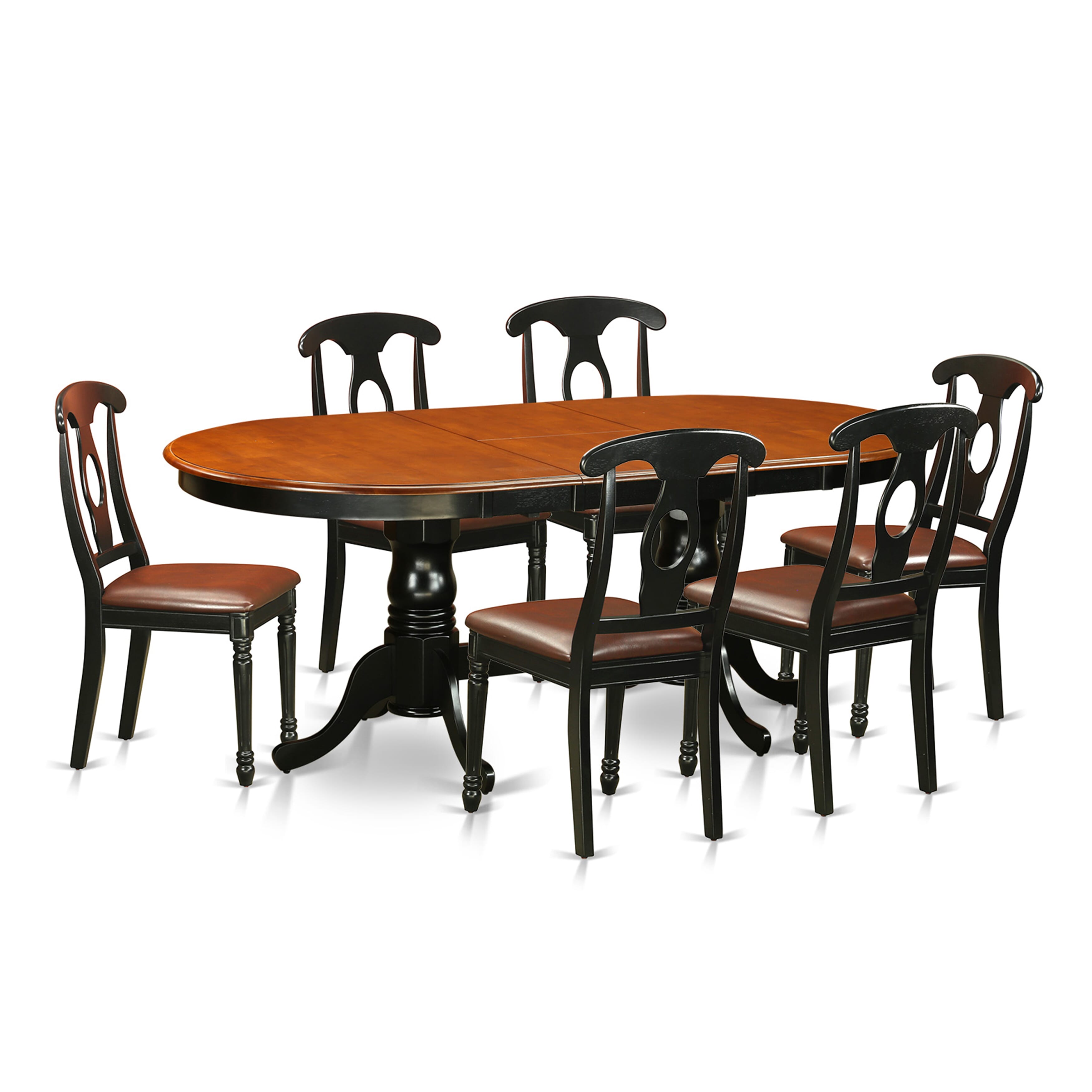 7 Pc Oval Dining room Table with Leaf and Leatherette Seat Chairs in Black / Cherry