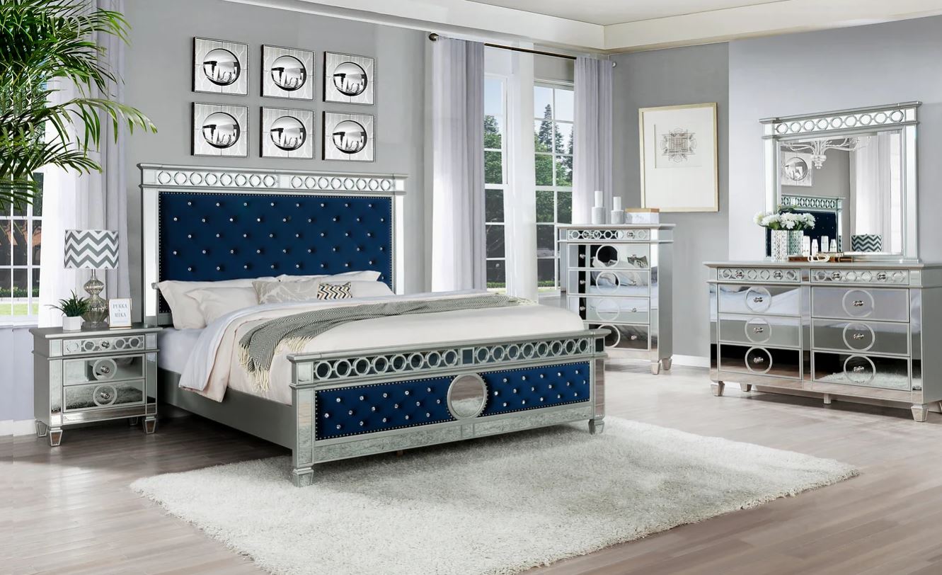 Bella 5 Piece Glam Queen Upholstered Mirrored Bedroom Set In Blue Velvet