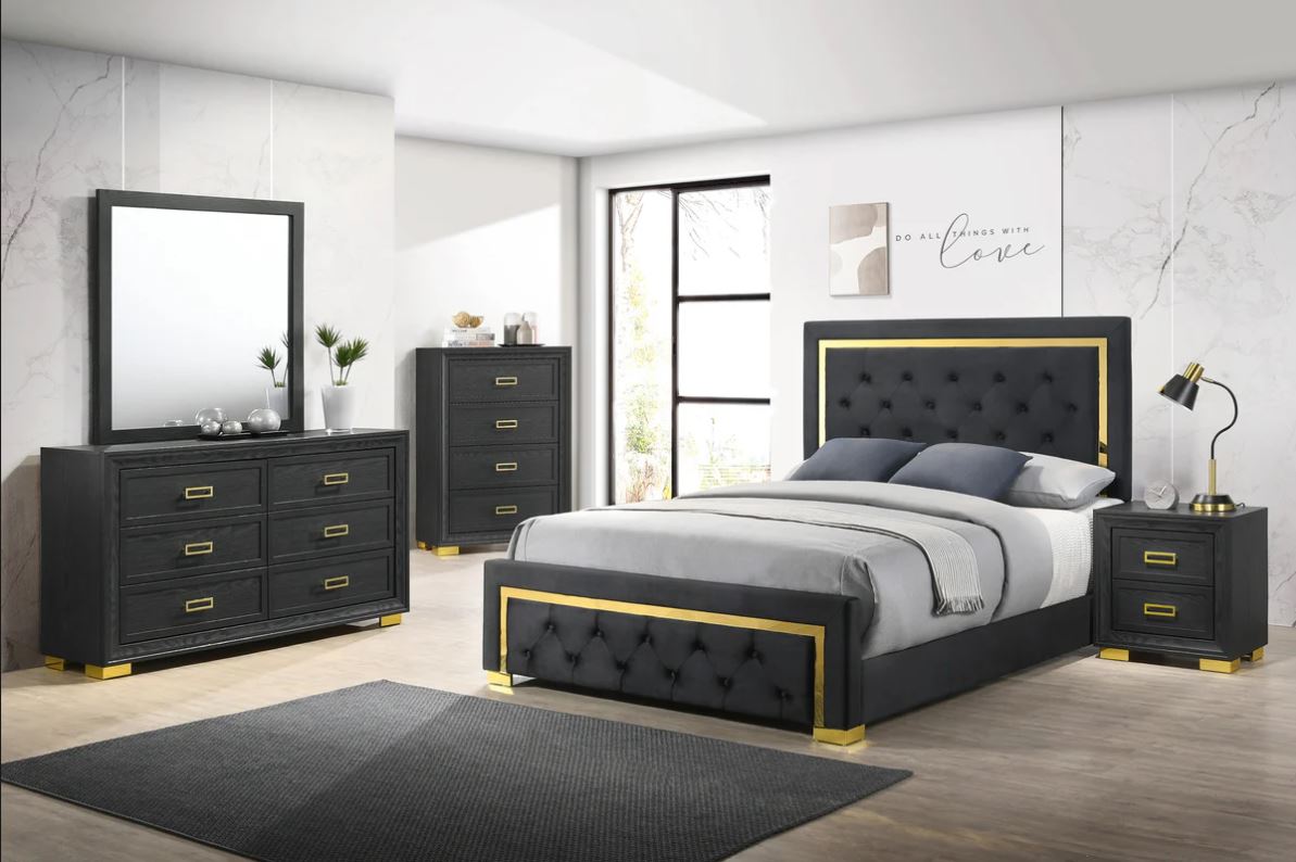 5 PC Queen Pepe Black and Gold Panel Upholstered Bedroom Set
