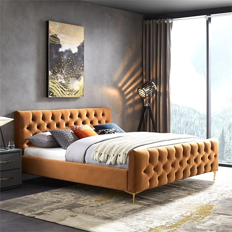 Bella Mid-Century Modern Velvet Upholstered King Platform Bed in Tan