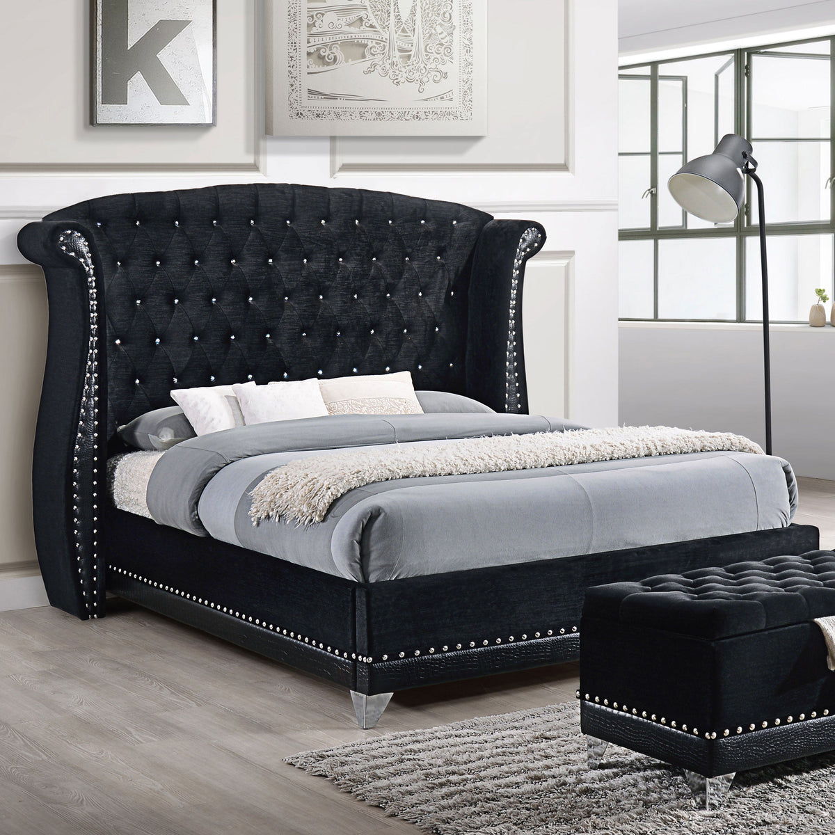 Barzini Crystal-Tufted Velvet Wingback Bed Eastern King Black