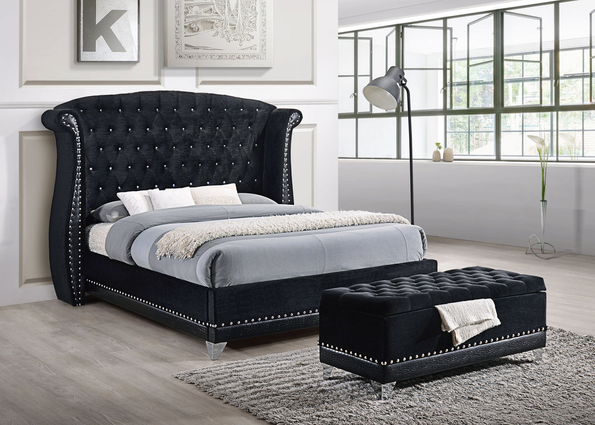 Barzini Crystal-Tufted Velvet Wingback Bed Eastern King Black
