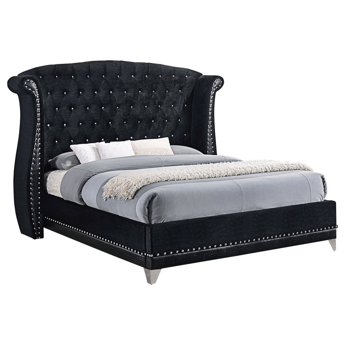 Barzini Crystal-Tufted Velvet Wingback Bed Queen Black