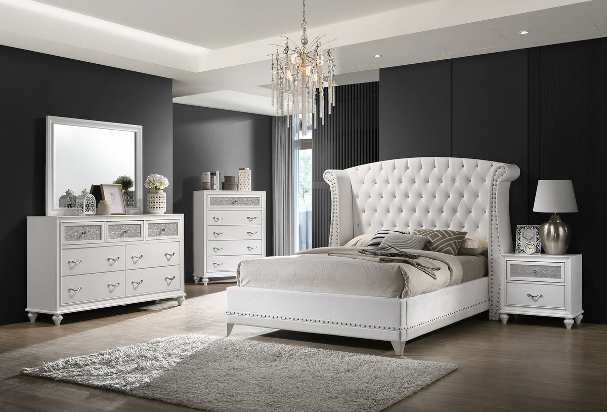 Barzini Crystal-Tufted Velvet Wingback Bed California King White