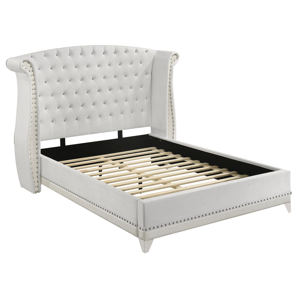Barzini Crystal-Tufted Velvet Wingback Bed Queen White