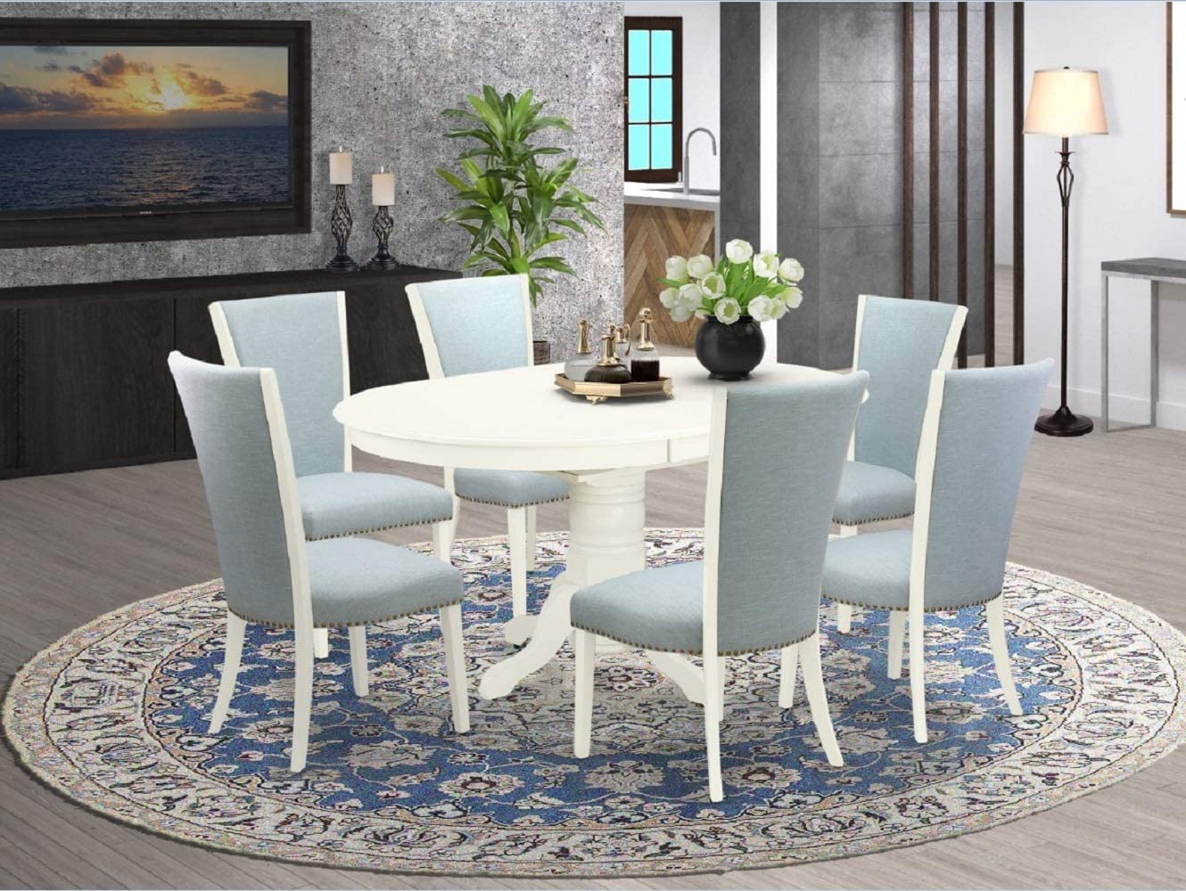 7 PC Avon Linen White Oval Dinette Dining set with Baby blue Upholstered Chairs