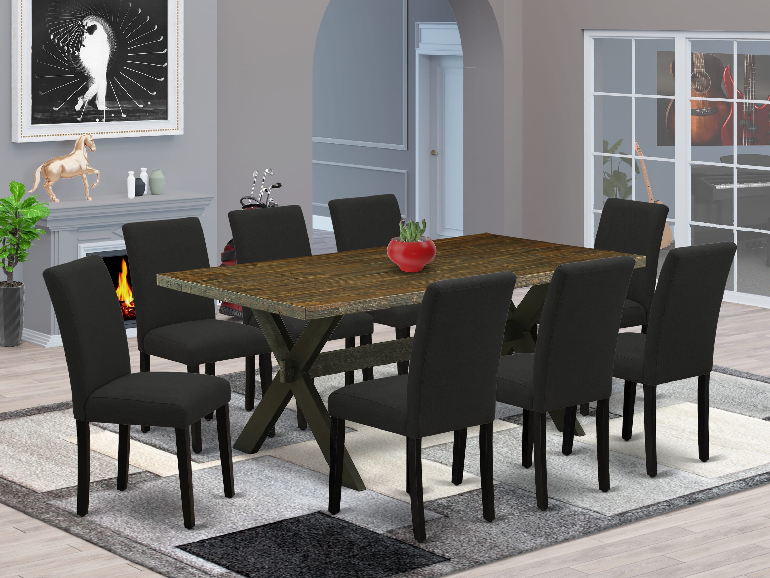 9 PC Modern X Base Rectangular Dining Room Table And Parson High Back Chairs in Black / Jacobean