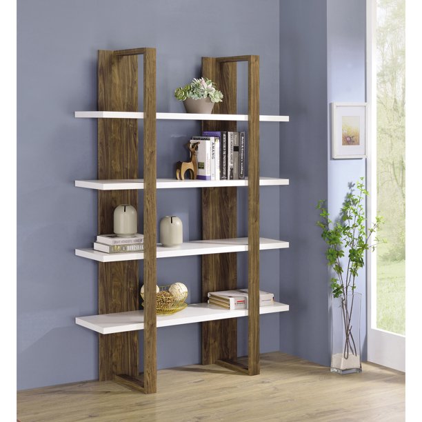 Bookcase with 4 Full-length Shelves Aged Walnut and White