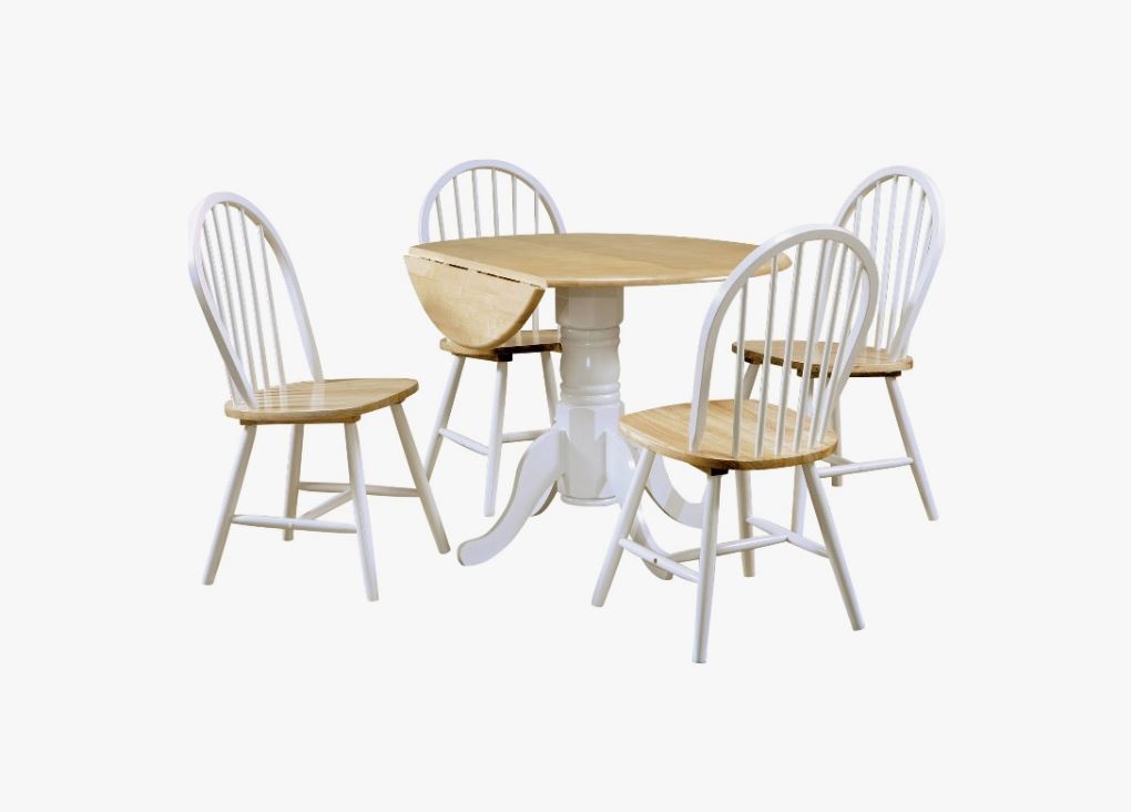 5-Piece Drop Leaf Dining Table and Chairs Set in Natural Brown and White