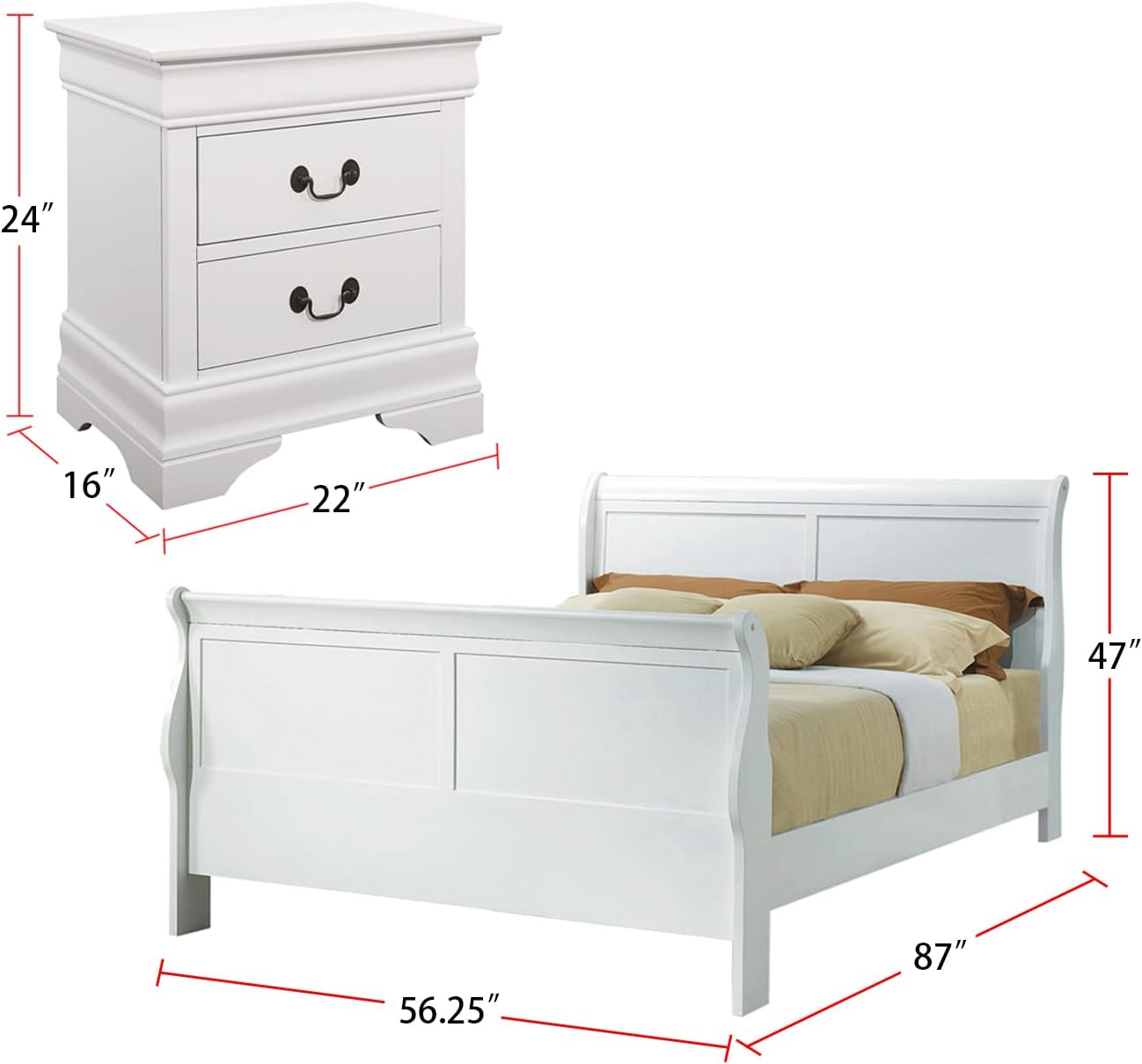 Louis Philippe 5-Piece Wood Full Sleigh Bedroom Set in White