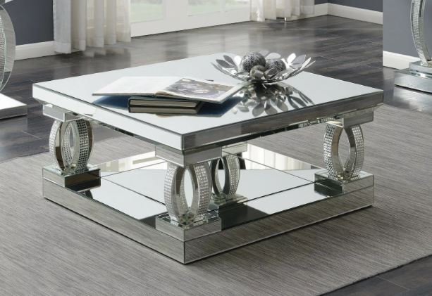 Modern Glam Mirrored Glass Top Acrylic Cocktail Coffee table With Shelf