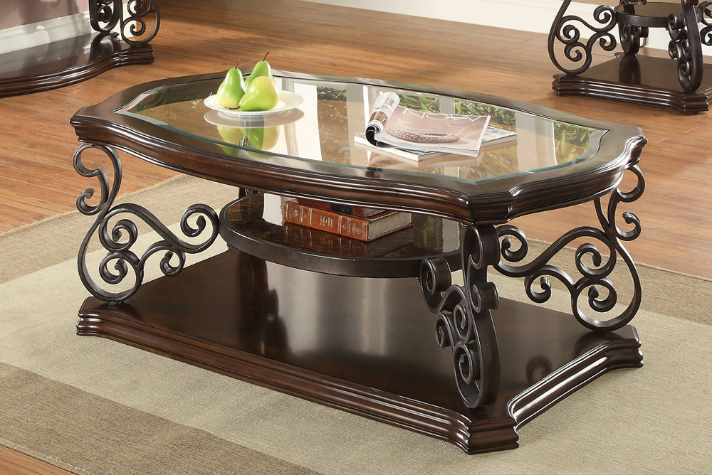 Traditional Coffee Table With Ornate Metal Base and Glass Top in Deep Merlot