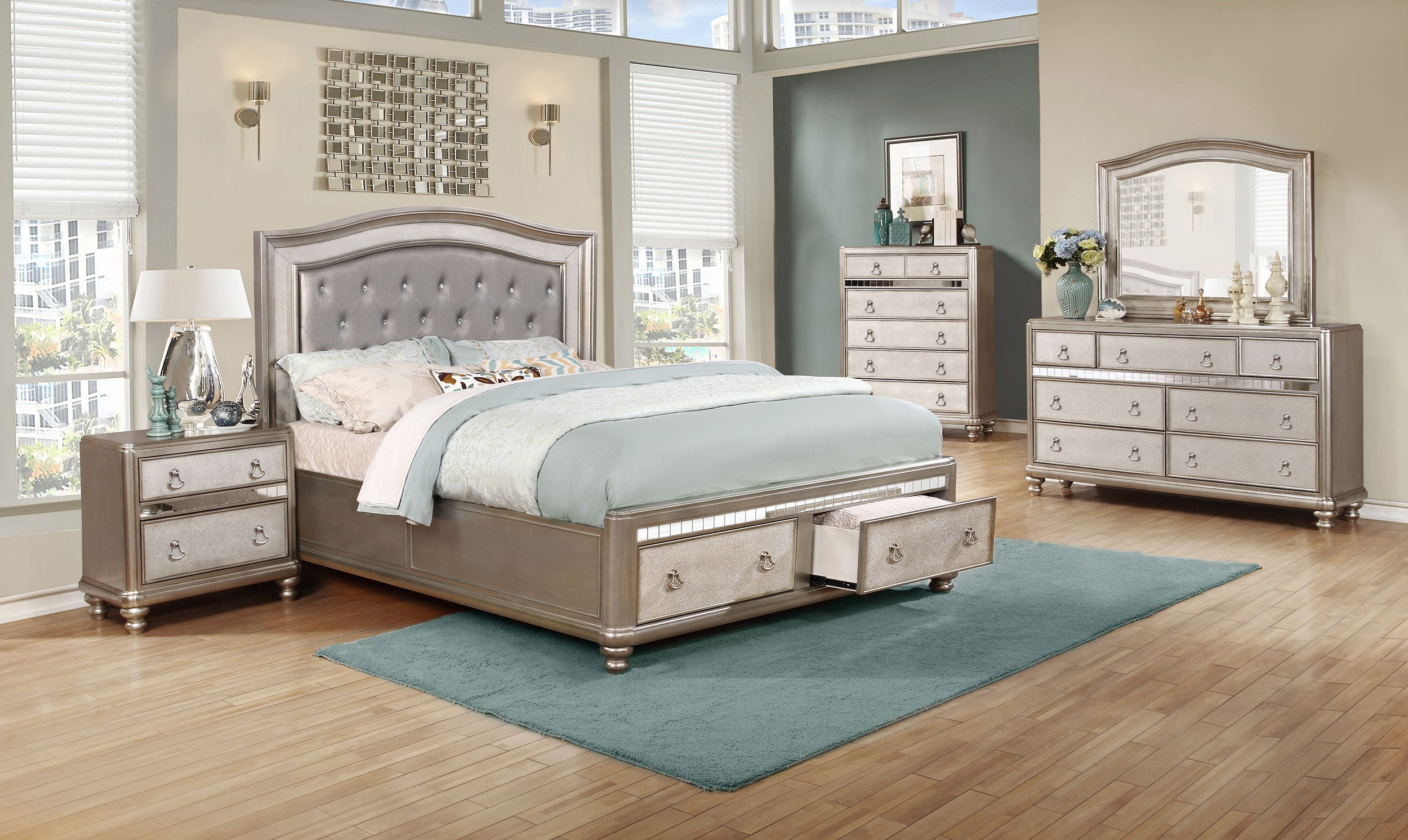 Upholstered Bling Game  Queen Bed With Storage In Metallic Platinum