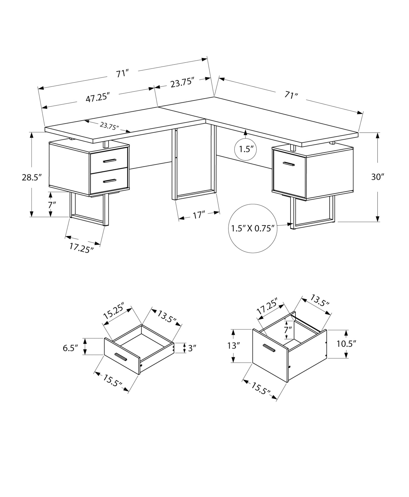 70" Reversible L shaped Hollow Core Home Office Desk With Drawers In Cherry Black