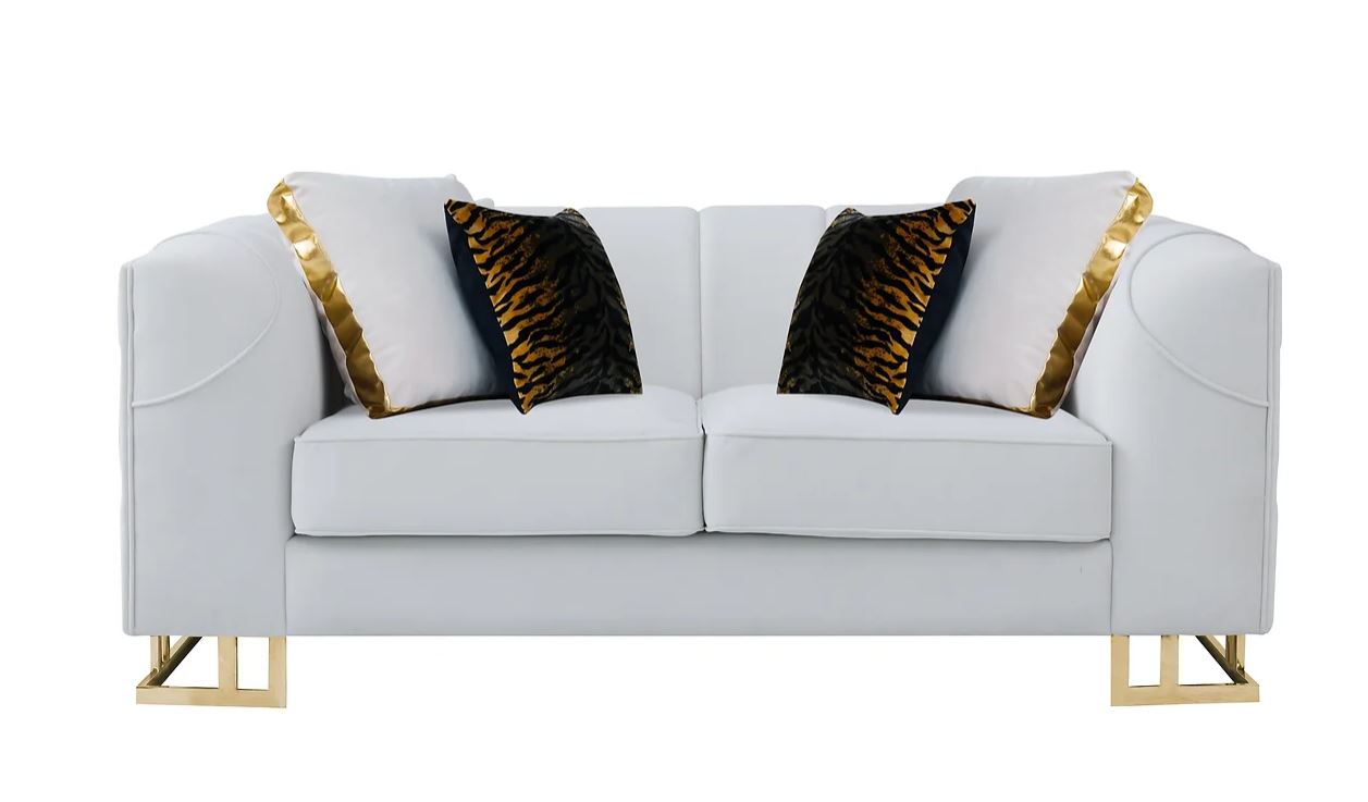 Elijah 2 Pc Modern Velvet Living room Sofa and Love Seat in off White And Gold