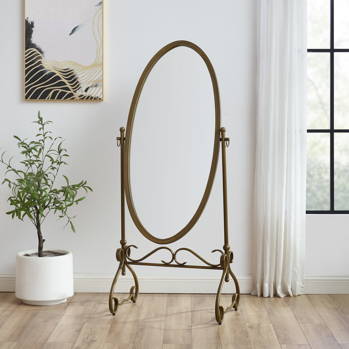 Clarisse Antique Gold Metal Oval Cheval Mirror