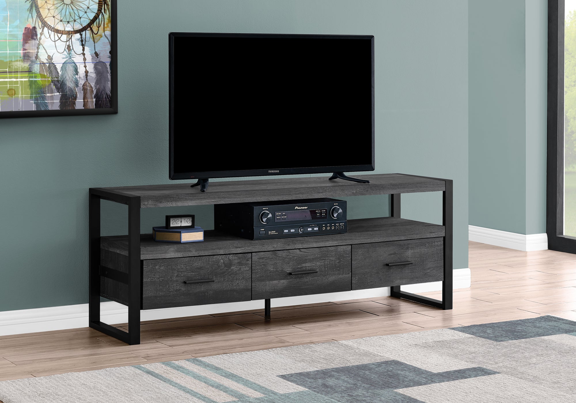 60" L Rustic Black Reclaimed look Tv Media Stand With 3 Drawers